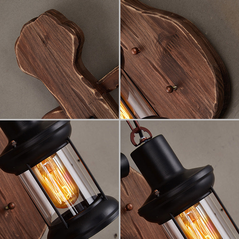 Nautical Novelty Guitar Wall Light Fixture 1-Light Wooden Sconce with Lantern Lampshade