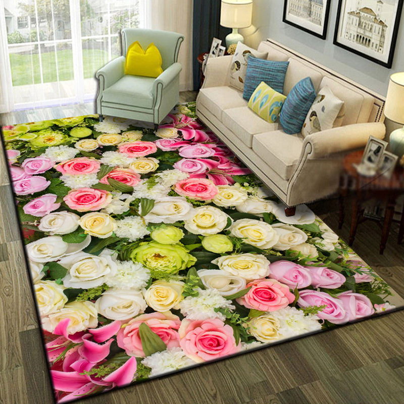 Multicolor Living Room Rug Trendy Floral Print Indoor Carpet Cotton Blend Easy Care Pet Friendly Rug