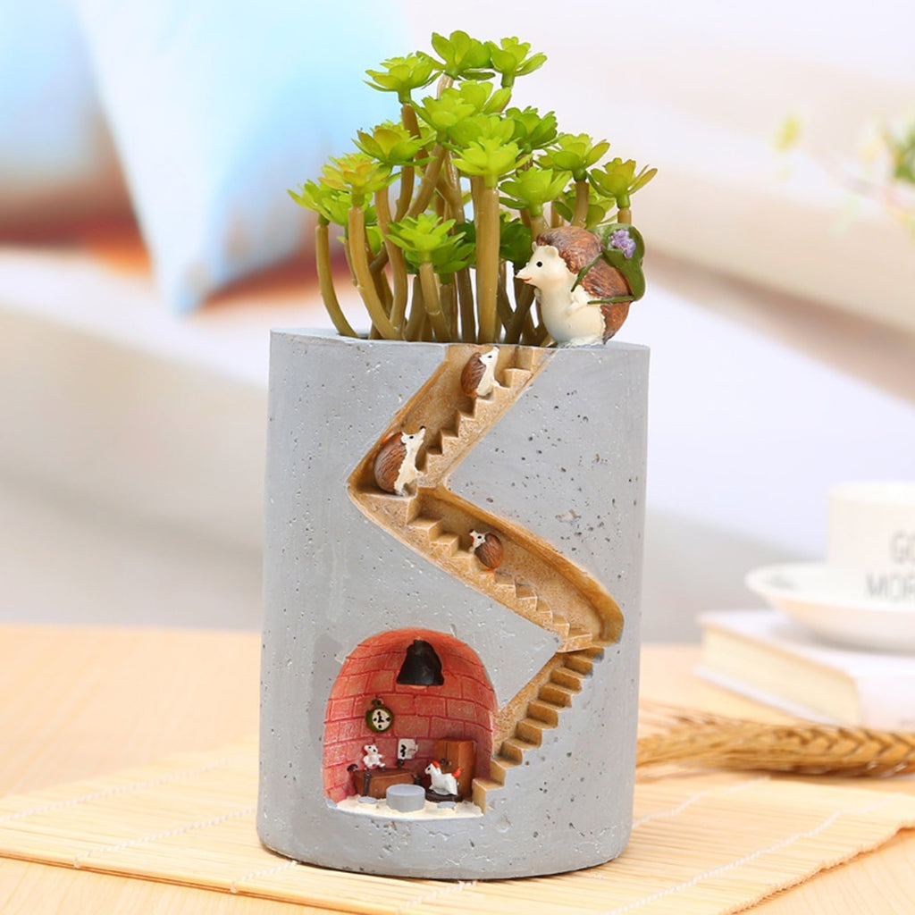 Decorative plant pot with hedgehog and rabbit miniature – Creative staircase design for plants