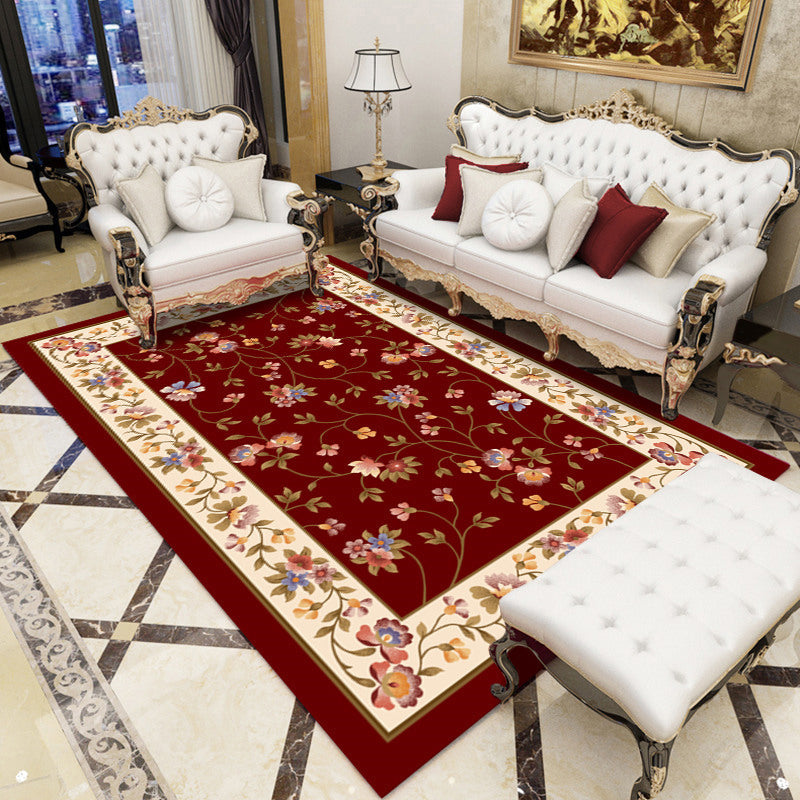 Retro Living Room Carpet Multicolor Flower Pattern Berber Carpet Polyester Non-Slip Backing Pet-Friendly Carpet