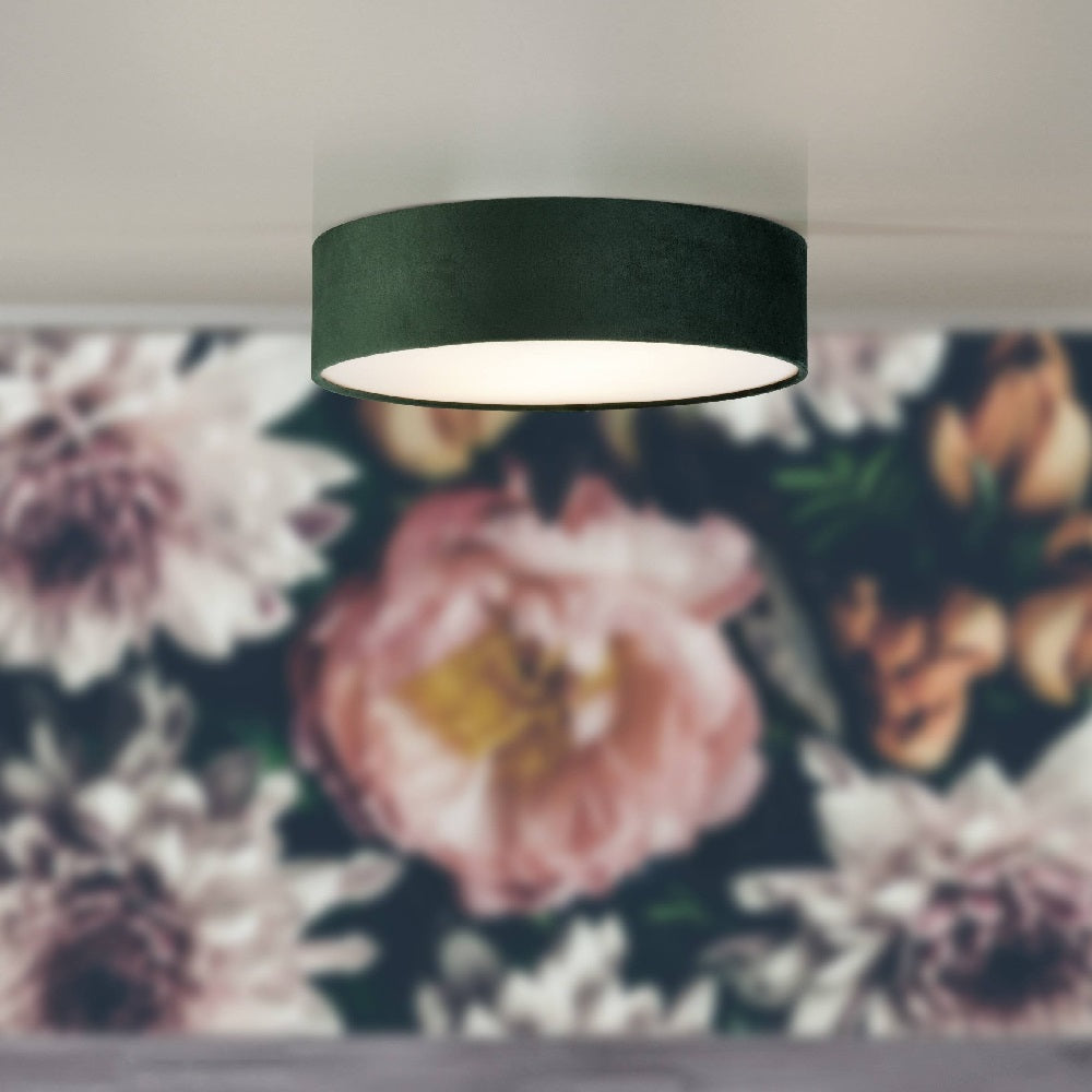Green Velvet & Opal Diffuser Vintage Round Flush Drum Light 38cm