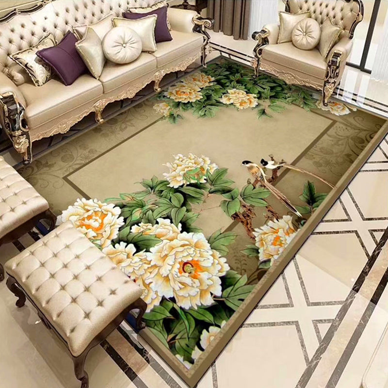 Chinoiserie Flower Rug Multicolor Polypropylene Area Rug Non-Slip Back Pet-Friendly Easy Care Indoor Rug for Living Room