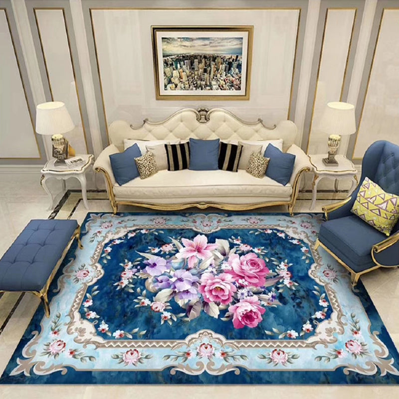 Chinoiserie Flower Rug Multicolor Polypropylene Area Rug Non-Slip Back Pet-Friendly Easy Care Indoor Rug for Living Room