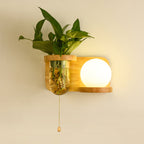 Milk Glass Ball Wall Lighting Nordic 1-Light Nightstand Pull Cord Wall Lamp with Wooden Shelf and Planter