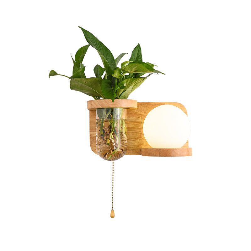 Milk Glass Ball Wall Lighting Nordic 1-Light Nightstand Pull Cord Wall Lamp with Wooden Shelf and Planter