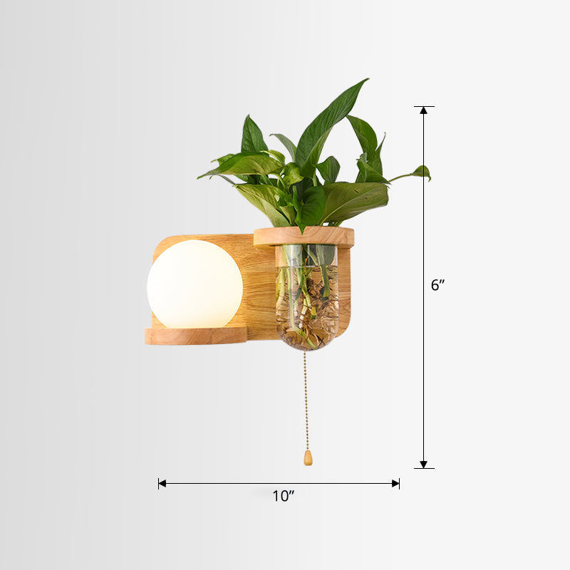 Milk Glass Ball Wall Lighting Nordic 1-Light Nightstand Pull Cord Wall Lamp with Wooden Shelf and Planter