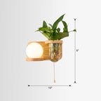 Milk Glass Ball Wall Lighting Nordic 1-Light Nightstand Pull Cord Wall Lamp with Wooden Shelf and Planter