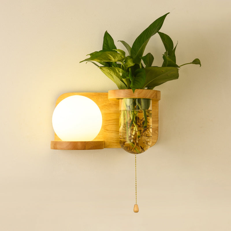 Milk Glass Ball Wall Lighting Nordic 1-Light Nightstand Pull Cord Wall Lamp with Wooden Shelf and Planter