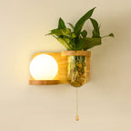 Milk Glass Ball Wall Lighting Nordic 1-Light Nightstand Pull Cord Wall Lamp with Wooden Shelf and Planter