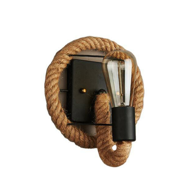 Metal Open Bulb Wall Lamp Country House 1 Main Corridor Wall Lamp with Rope Ring in Brown