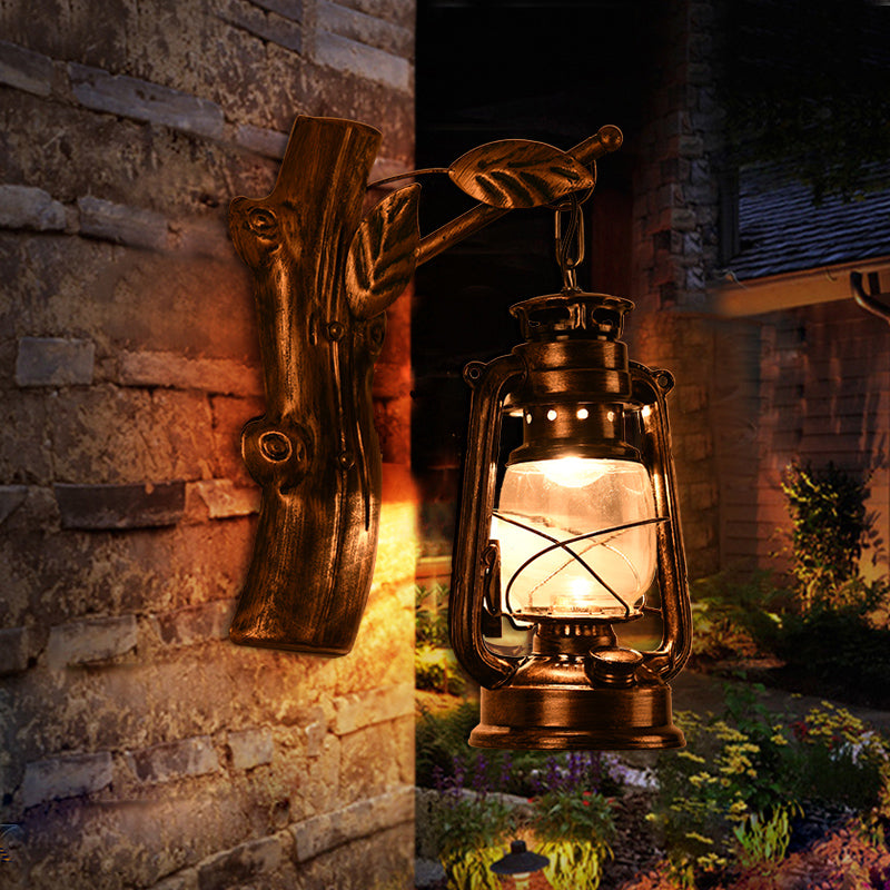 Rustic Oil Lantern Wall Lighting 1 Head Clear Glass Wall Lamp in Black for Corridor