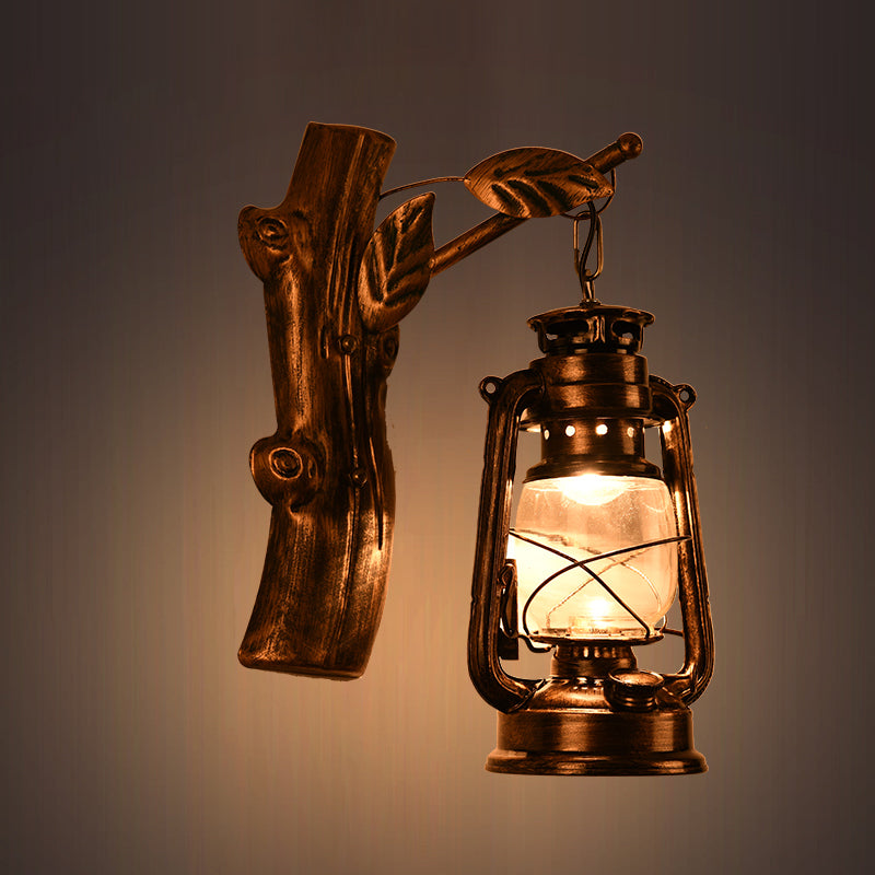 Rustic Oil Lantern Wall Lighting 1 Head Clear Glass Wall Lamp in Black for Corridor
