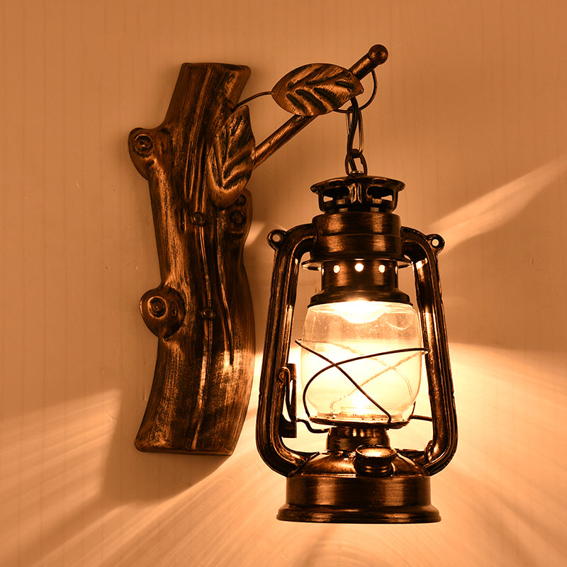 Rustic Oil Lantern Wall Lighting 1 Head Clear Glass Wall Lamp in Black for Corridor