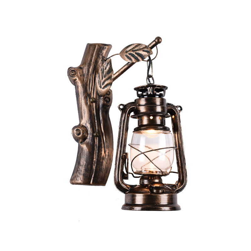 Rustic Oil Lantern Wall Lighting 1 Head Clear Glass Wall Lamp in Black for Corridor
