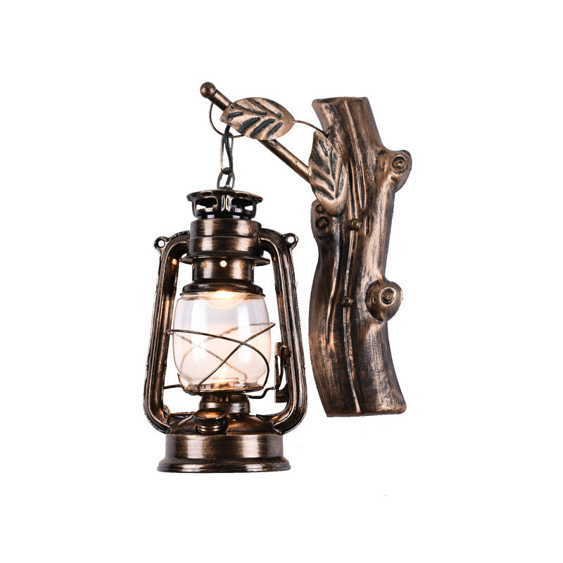 Rustic Oil Lantern Wall Lighting 1 Head Clear Glass Wall Lamp in Black for Corridor
