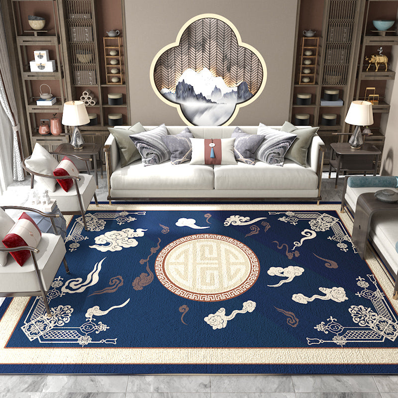 Asian Living Room Carpet Multicolored Chinese Print Carpet Polyester Non-Slip Underlay Pet-Friendly Indoor Carpet