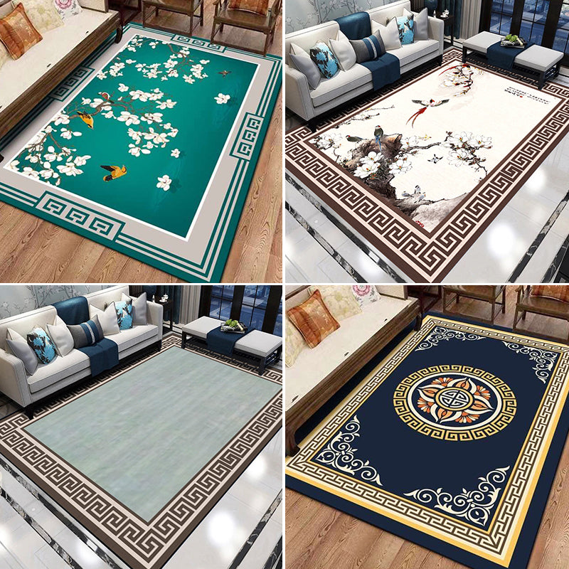 Formal Living Room Rug Versatile Floral Pattern Rug Polyester Non-Slip Back Machine Washable Rug