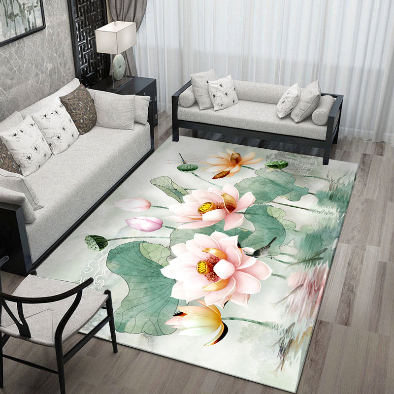 Formal Living Room Rug Versatile Floral Pattern Rug Polyester Non-Slip Back Machine Washable Rug