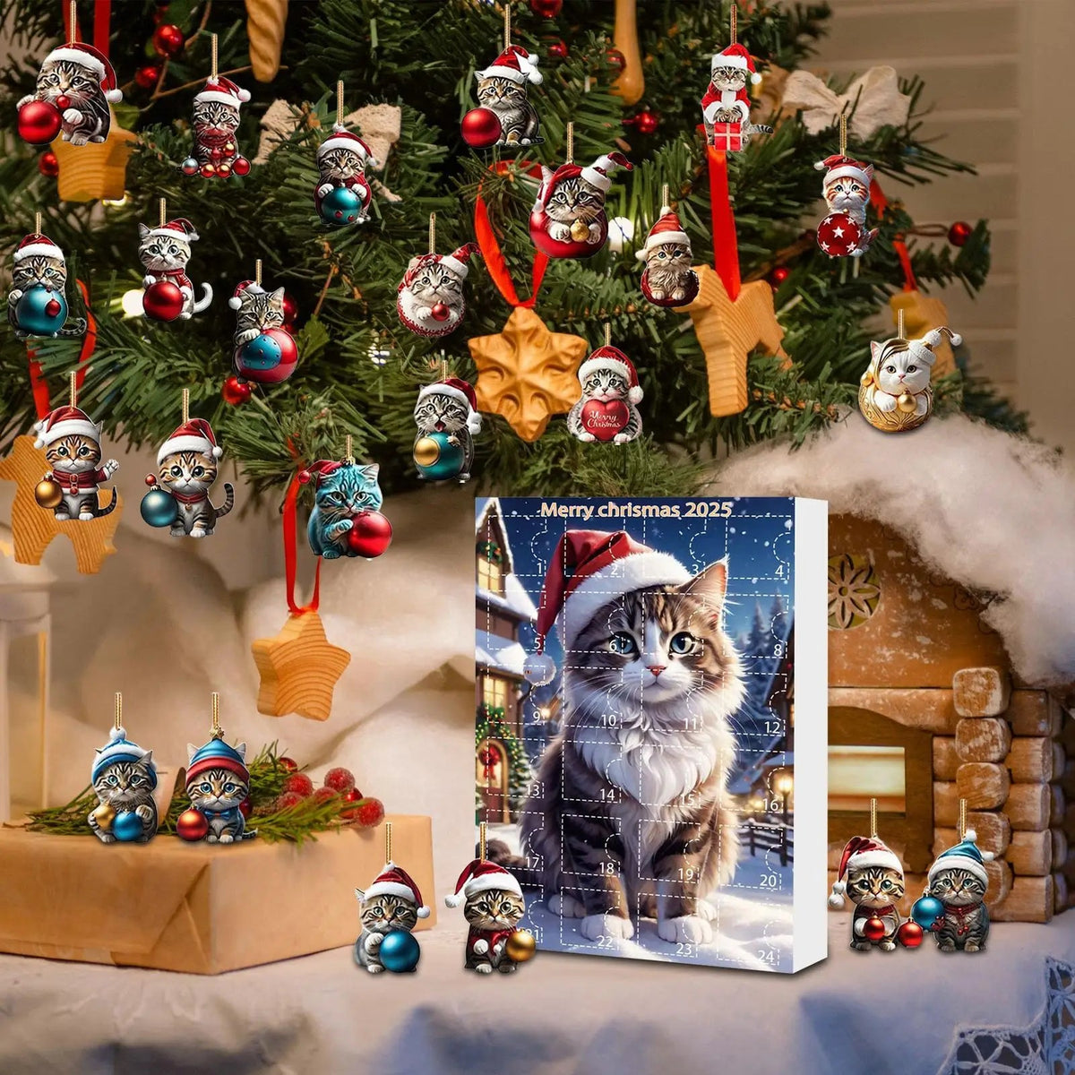 24-piece Cat Christmas Ornaments Set of Durable Acrylic for Advent Calendar Decoration