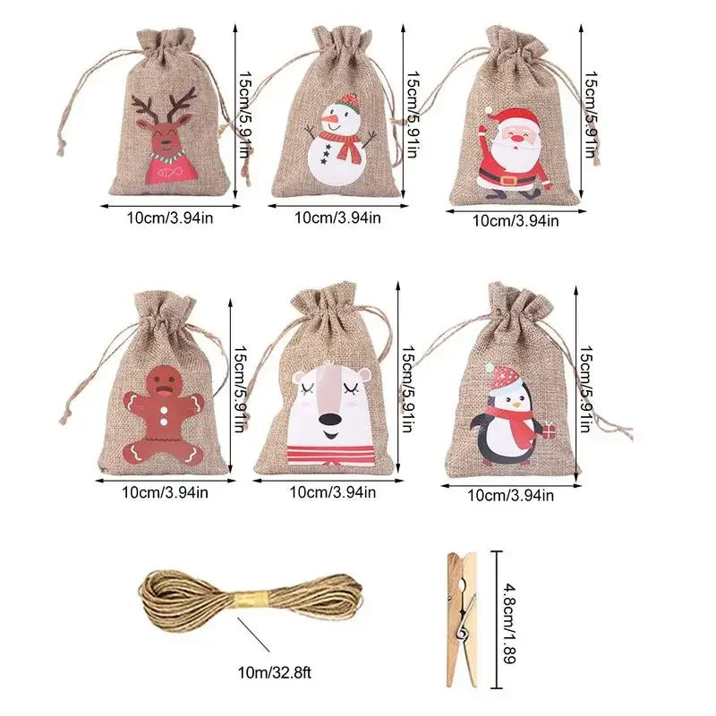 HollyTime Adventskalender Set – 24 herbruikbare cadeauzakken met stickers, clips & touw
