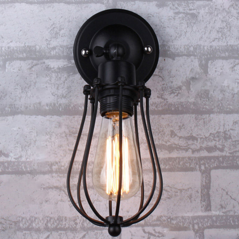 Pear-shaped cage iron wall lamp industrial bedroom adjustable reading wall light in black