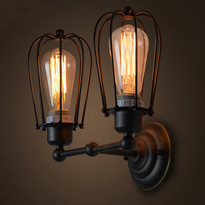Pear-shaped cage iron wall lamp industrial bedroom adjustable reading wall light in black