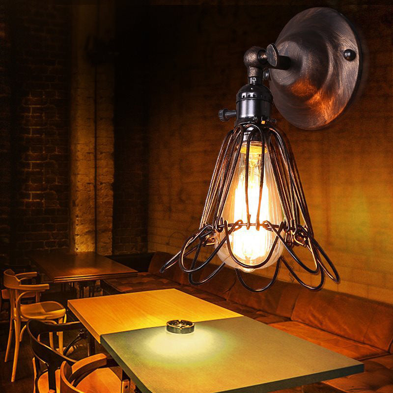 Rotatable Bronze 1-Light Wall Lamp Industrial Iron Cage Style Flower Wall Mount Light for Bar