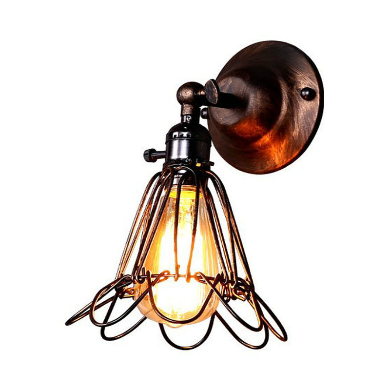 Rotatable Bronze 1-Light Wall Lamp Industrial Iron Cage Style Flower Wall Mount Light for Bar