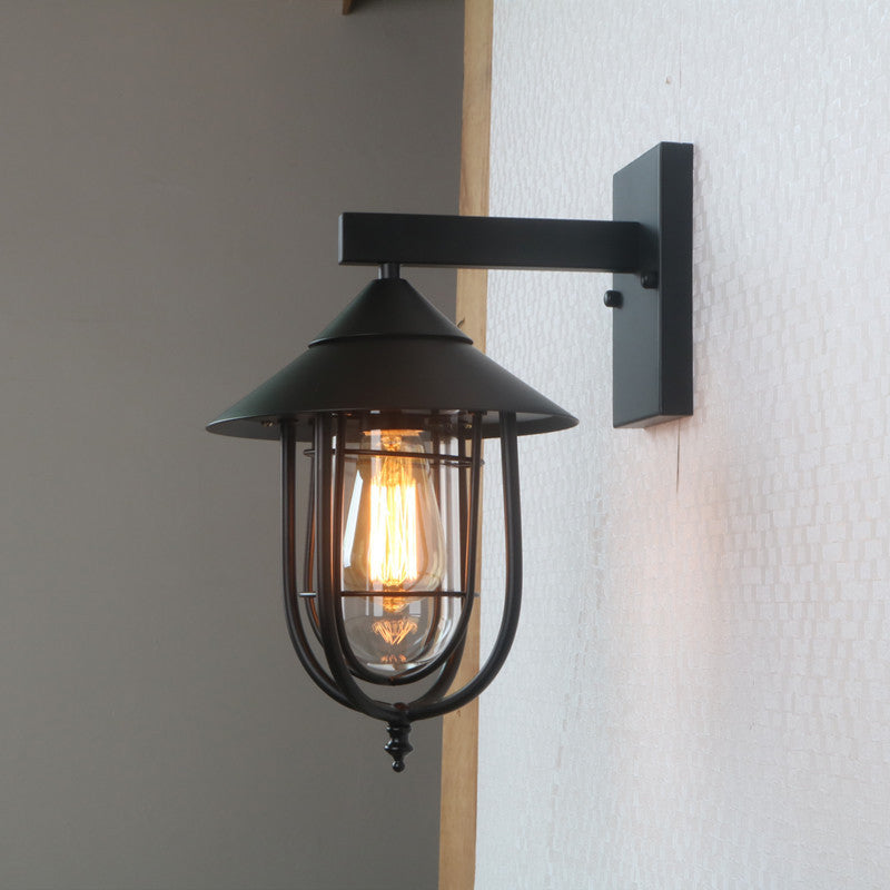 Half-Capsule Cage Gang Wall Lamp Rustic Metal Single Black Wall Lamp with Conical Top
