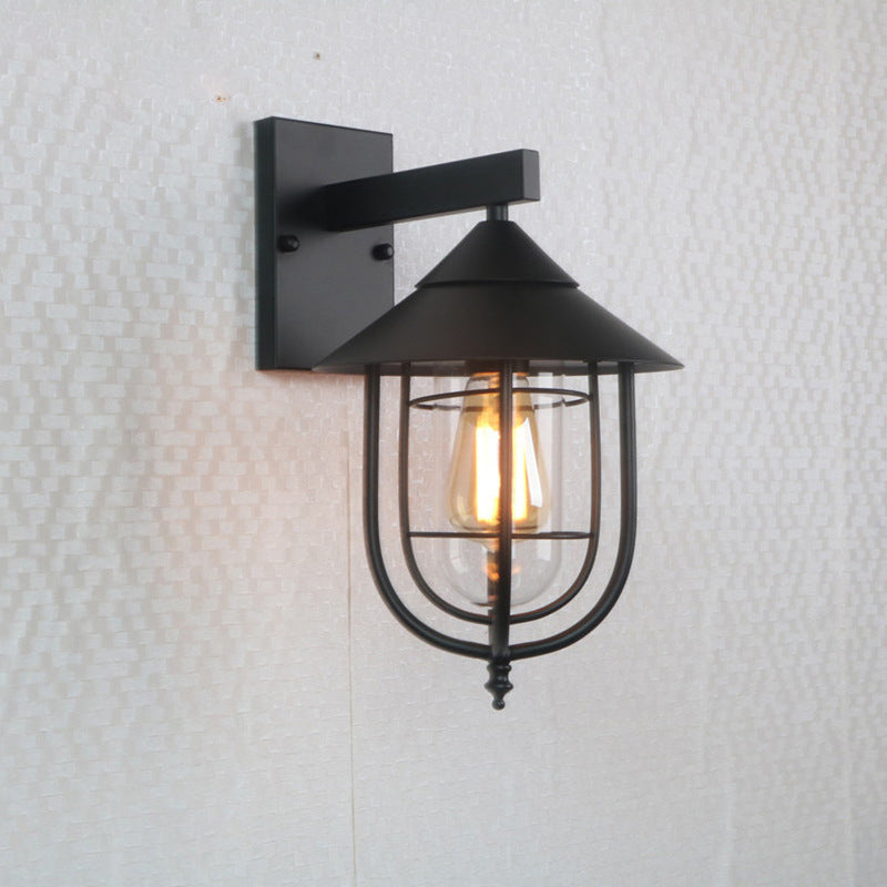 Half-Capsule Cage Gang Wall Lamp Rustic Metal Single Black Wall Lamp with Conical Top