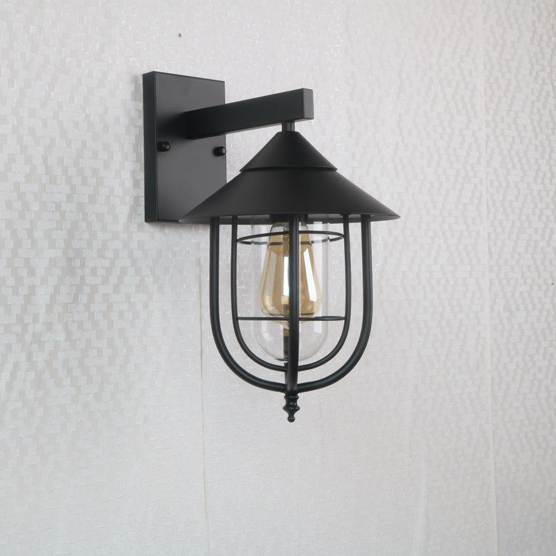 Half-Capsule Cage Gang Wall Lamp Rustic Metal Single Black Wall Lamp with Conical Top