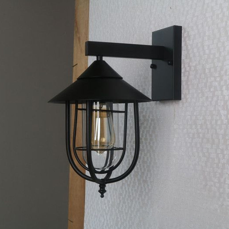 Half-Capsule Cage Gang Wall Lamp Rustic Metal Single Black Wall Lamp with Conical Top