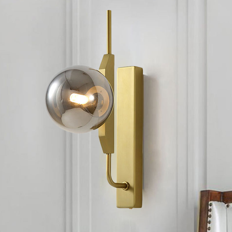LED Bedroom Wall Light with Spherical Smoky/White/Amber Glass Shade Modern Brass Wall Mount Light