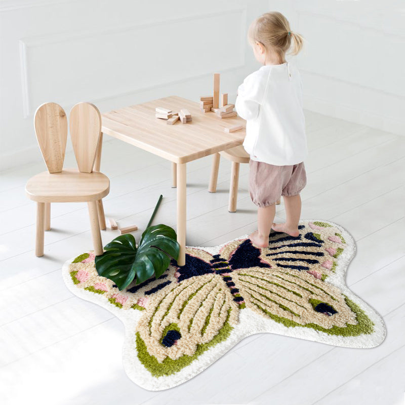 Yellow Scandinavian Rug Polyester Butterfly Print Indoor Rug Non-Slip Backing Pet Friendly Easy Care Area Rug for Decoration
