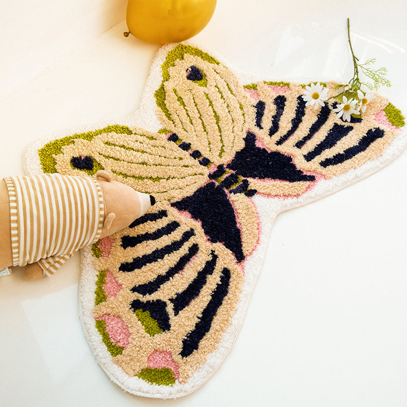 Yellow Scandinavian Rug Polyester Butterfly Print Indoor Rug Non-Slip Backing Pet Friendly Easy Care Area Rug for Decoration