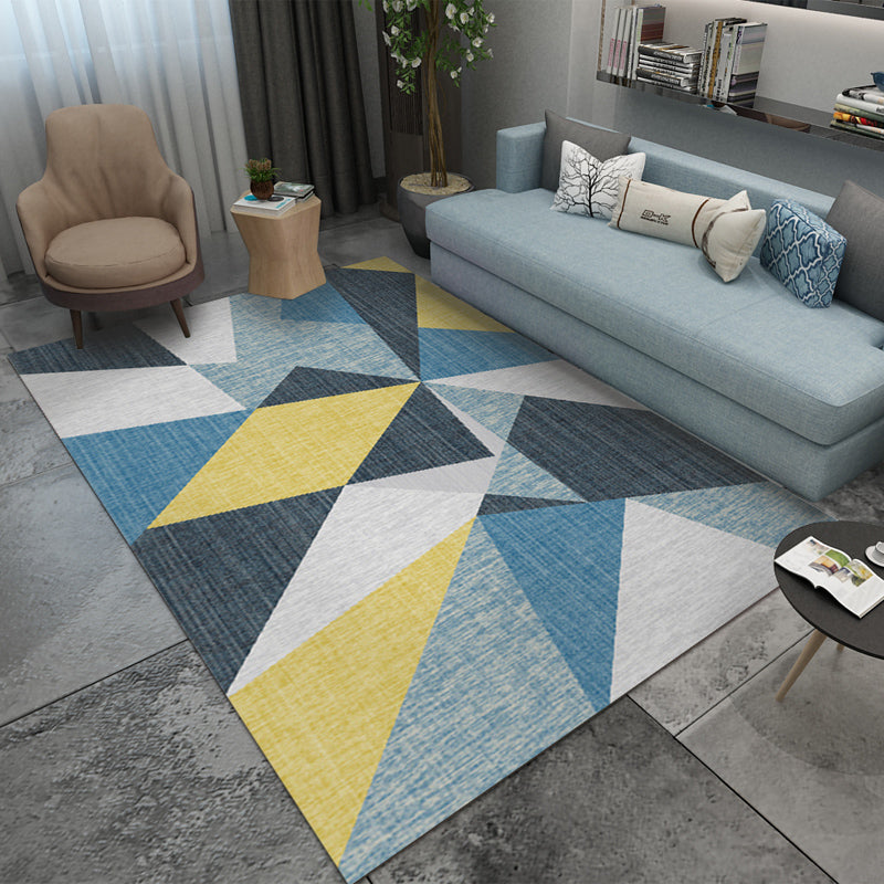 Casual living room rug Multi-colored geo print indoor rug Non-slip underside Washable easy-care rug