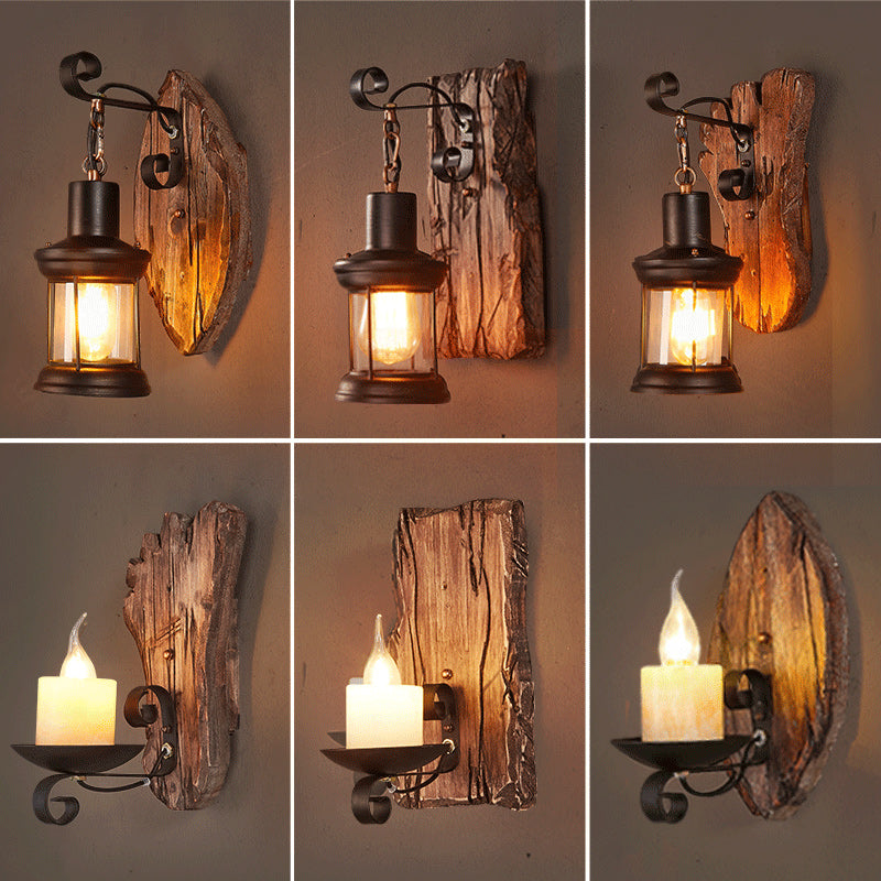 Wooden Brown Wall Lamp Geometrically Designed Country Style Wall Sconce for Hallway