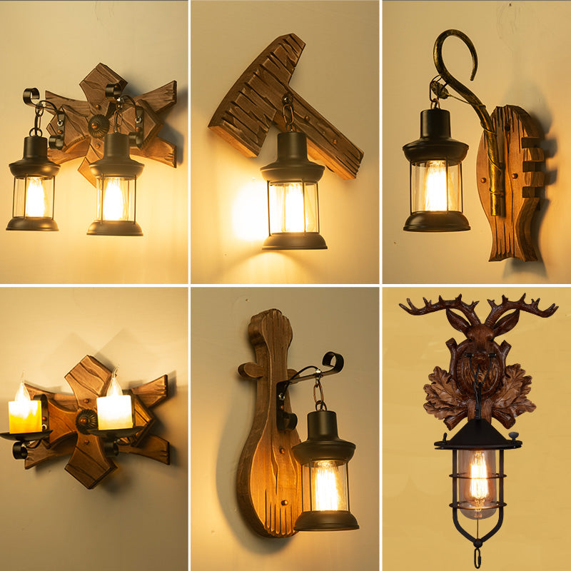 Wooden Brown Wall Lamp Geometrically Designed Country Style Wall Sconce for Hallway