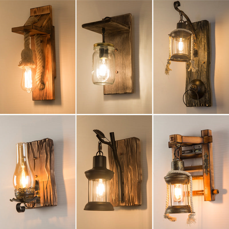Wooden Brown Wall Lamp Geometrically Designed Country Style Wall Sconce for Hallway