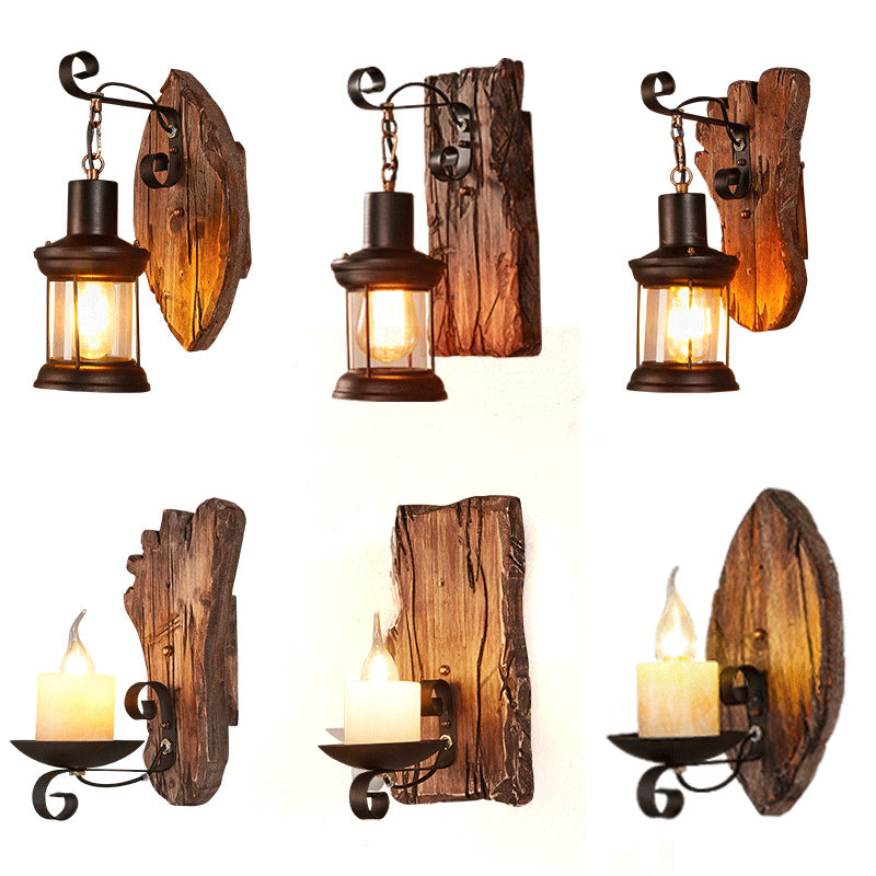 Wooden Brown Wall Lamp Geometrically Designed Country Style Wall Sconce for Hallway