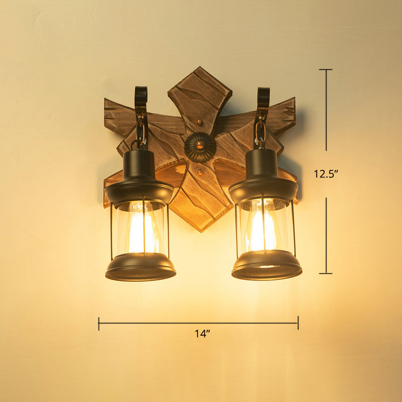 Wooden Brown Wall Lamp Geometrically Designed Country Style Wall Sconce for Hallway