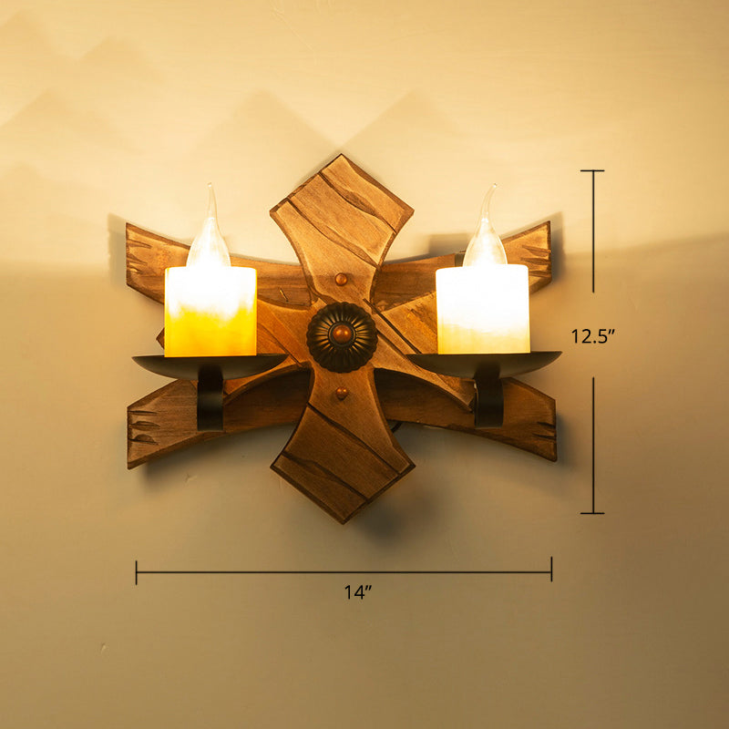 Wooden Brown Wall Lamp Geometrically Designed Country Style Wall Sconce for Hallway