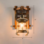 Wooden Brown Wall Lamp Geometrically Designed Country Style Wall Sconce for Hallway