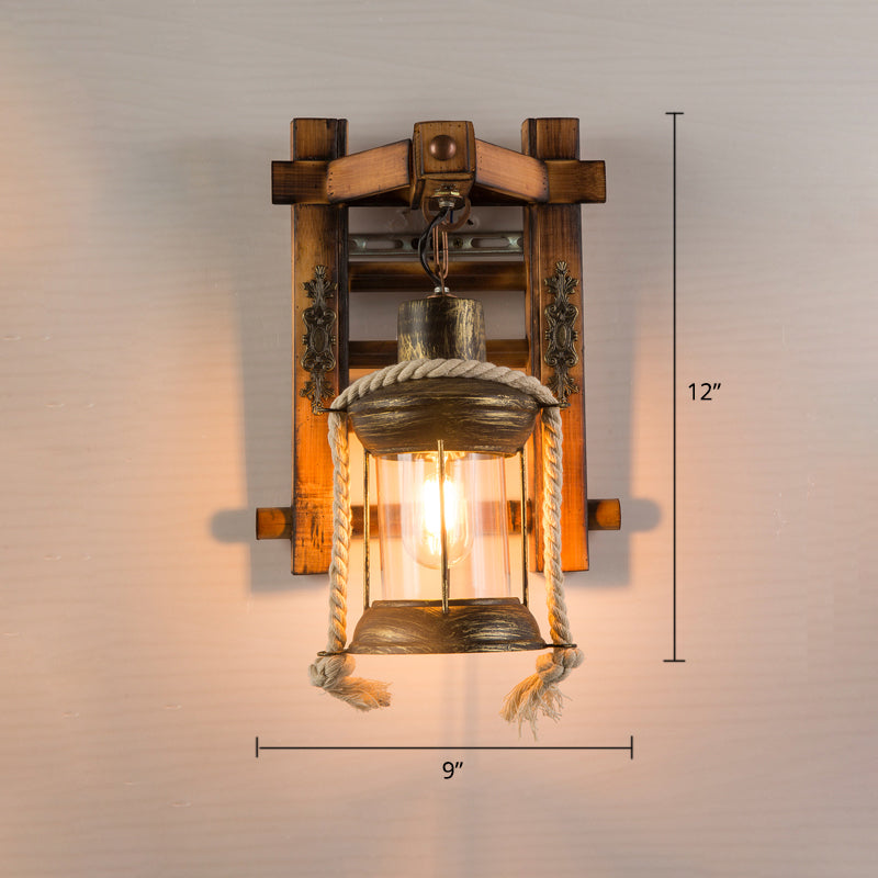 Wooden Brown Wall Lamp Geometrically Designed Country Style Wall Sconce for Hallway
