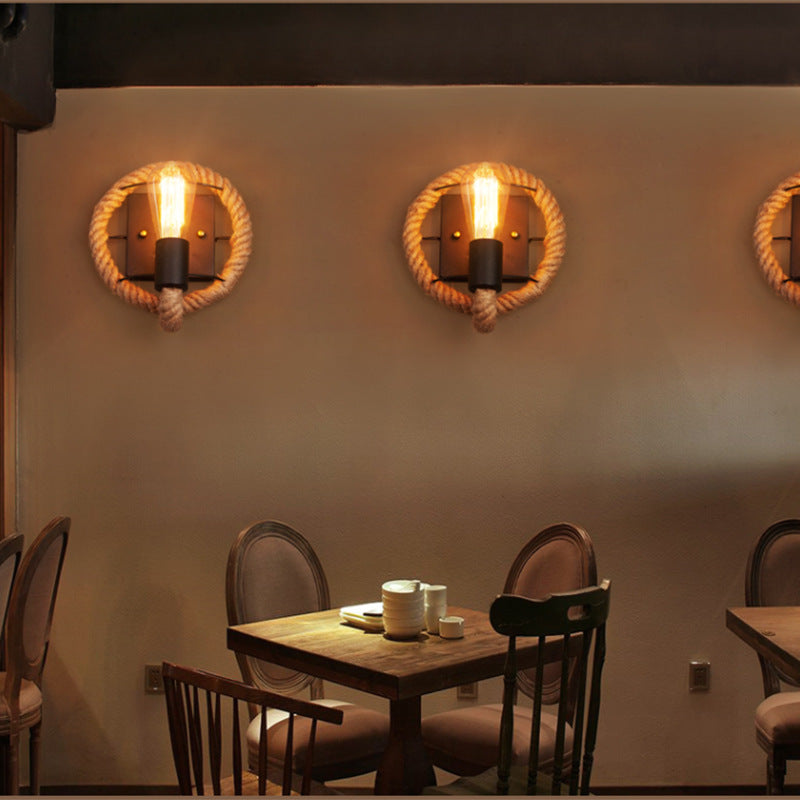 Running Shape Rope Wall Lamp Rustic 1-Head Hallway Wall Lamp with Track Light Design in Wood