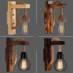 Wooden L-shaped Wall Support Lantern Farmhouse 1 Lamp Bedroom Wall Lamp with Rope Arm