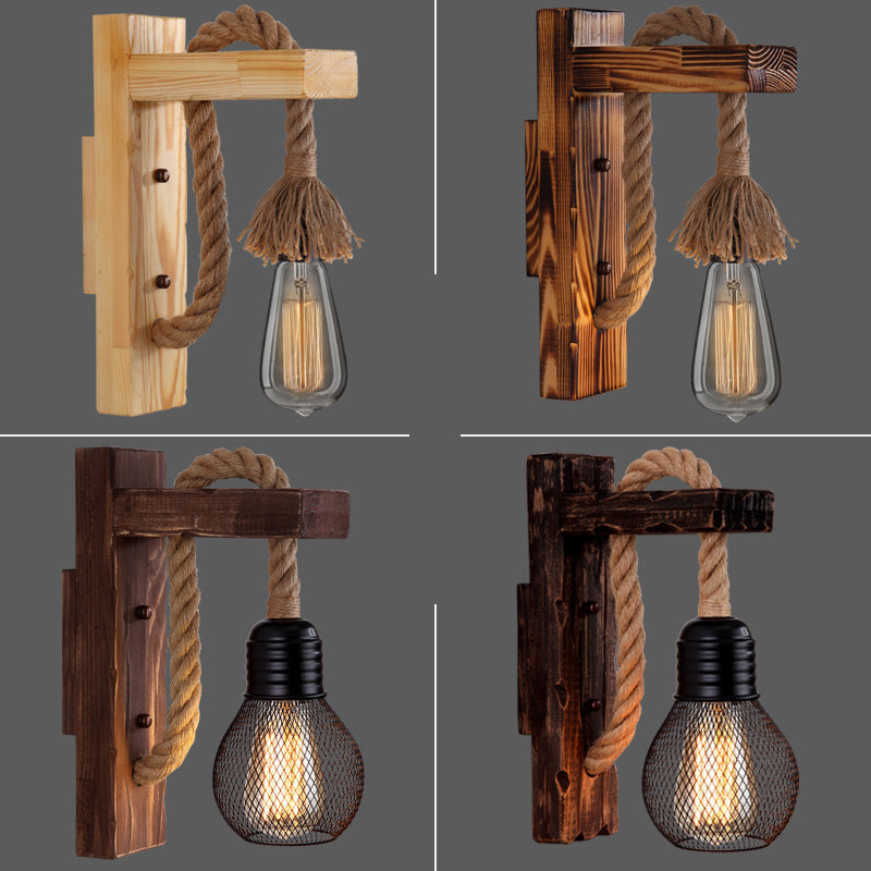 Wooden L-shaped Wall Support Lantern Farmhouse 1 Lamp Bedroom Wall Lamp with Rope Arm