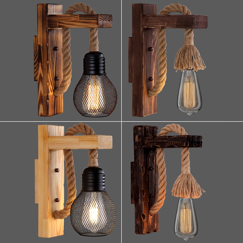 Wooden L-shaped Wall Support Lantern Farmhouse 1 Lamp Bedroom Wall Lamp with Rope Arm