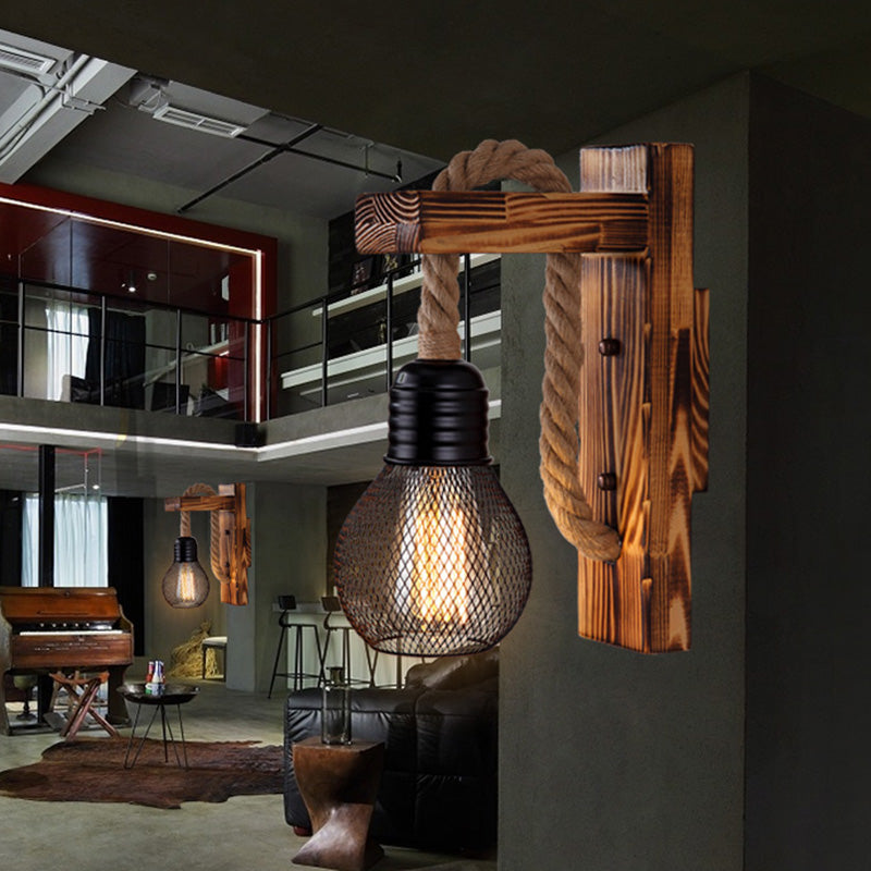 Wooden L-shaped Wall Support Lantern Farmhouse 1 Lamp Bedroom Wall Lamp with Rope Arm