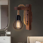 Wooden L-shaped Wall Support Lantern Farmhouse 1 Lamp Bedroom Wall Lamp with Rope Arm